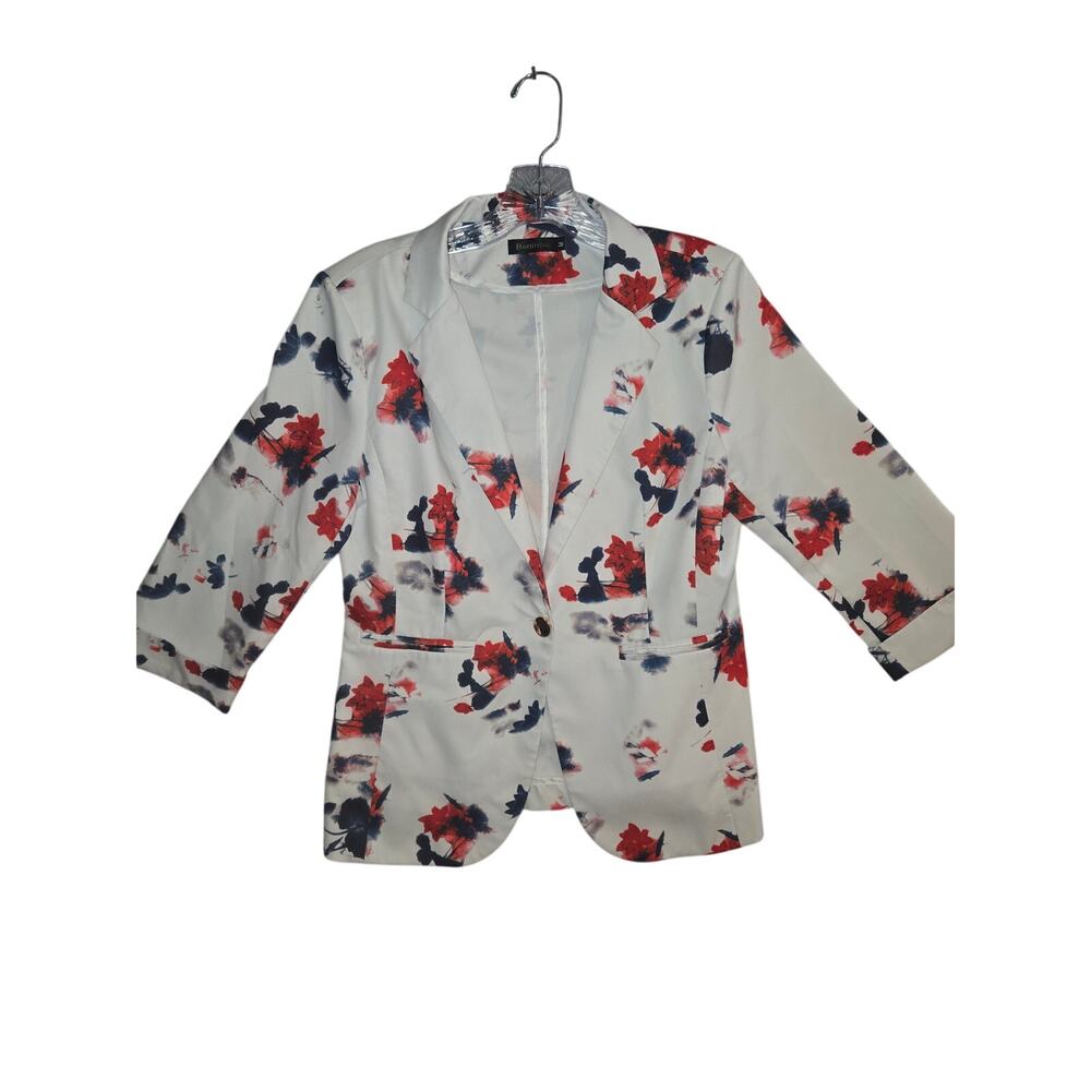 Beninos Women’s Floral Blazer White Red Blue Lightweight Jacket Size M